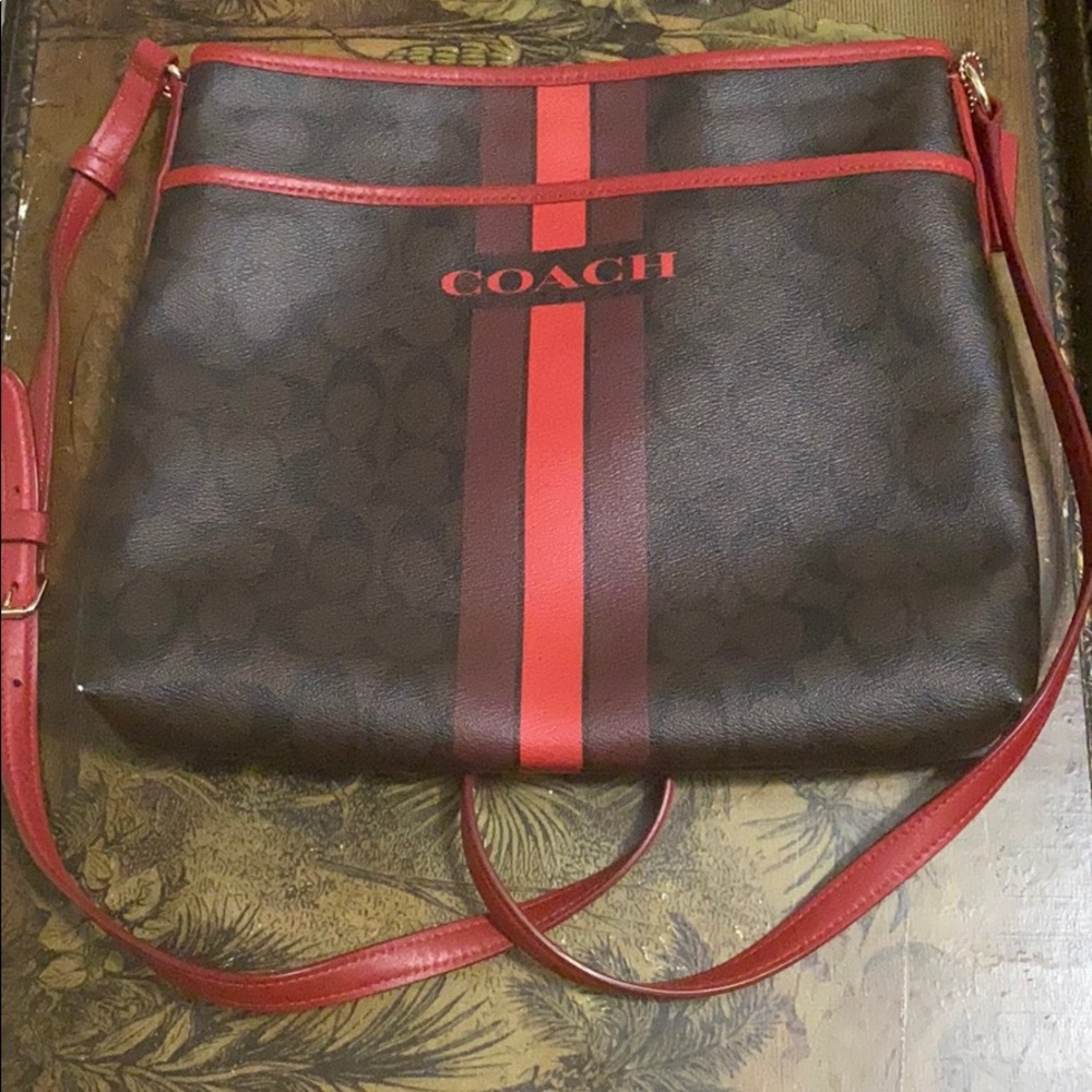 Coach Brown Crossbody with Red Stripe Accent